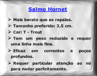 Salmo Hornet

Mais barato que as rapalas.
Tamanho preferido: 3,5 cm.
Cor: T - Trout
Tem um peso reduzido e requer uma linha mais fina.
Eficaz em correntes e poços profundos. 
Requer particular atenção ao nó para nadar perfeitamente.